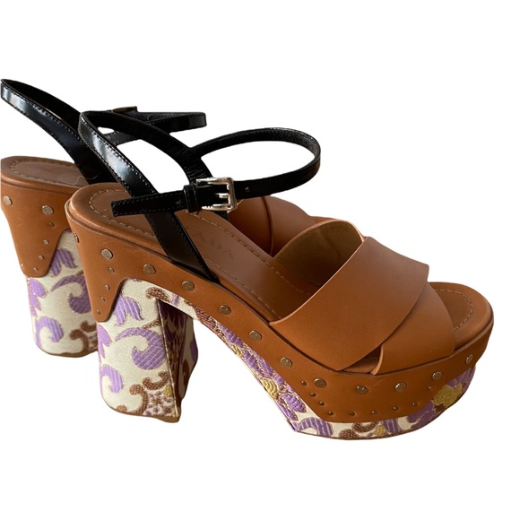 PRADA [RARE] Spring 2015 Leather/Brocade Platform Sandals - Picture 11 of 15